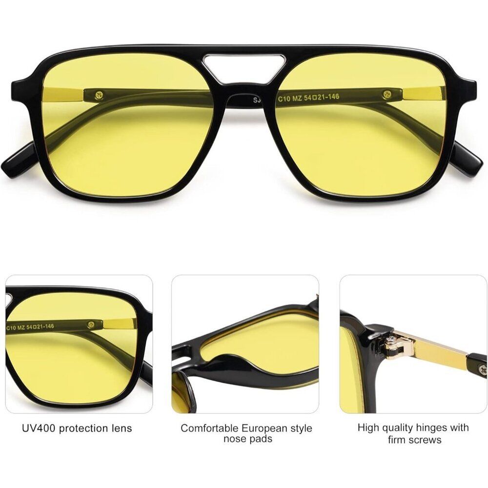 Women's Black Yellow Trendy Rectangle Retro Aviator Sunglasses Elegant Frame - Picture 5 of 6